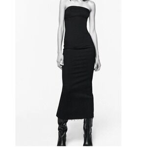 Zara‎ ZW Denim Jean Strapless Black Midi Dress Size Small/Medium